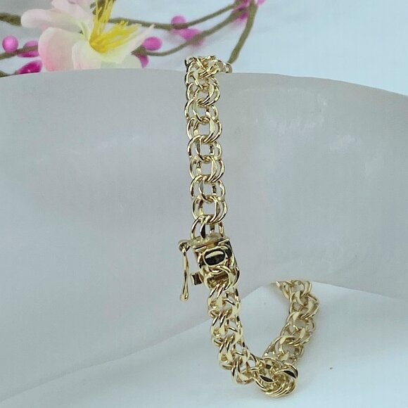 14K yellow gold 6.8mm double link charm bracelet starter 7.5" 12.2g JR140